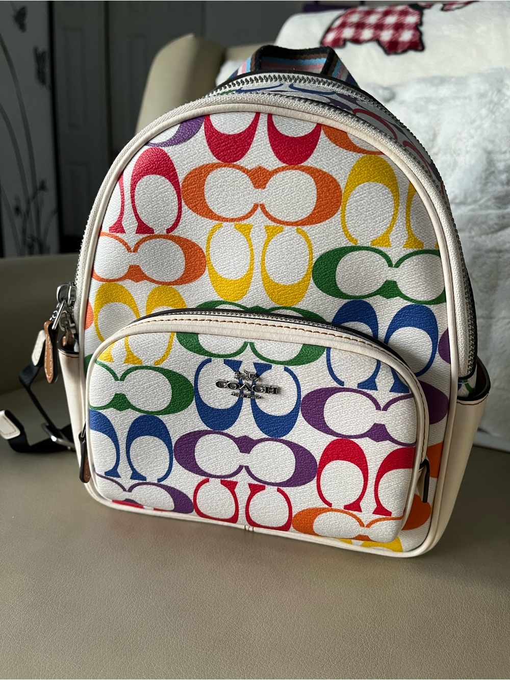 Coach Mini Backpack in Rainbow Signature Print with Cream Trim